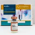 Clear IV bag labeled "NAD+" from Olympia Pharmacy, used for NAD IV therapy to support cellular energy and anti-aging.